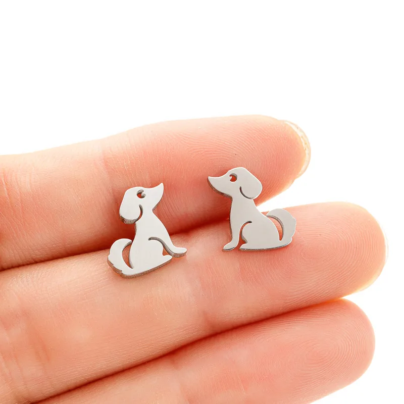 Cute Puppy Dog Small Studs Silver Plated Stainless Steel Hypoallergenic Waterproof
