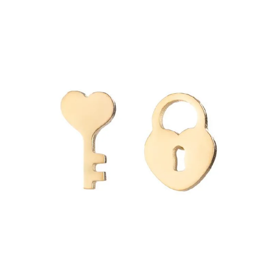 Lock and Key Small Asymmetric Studs 18K Stainless Steel Waterproof Tarnish Free