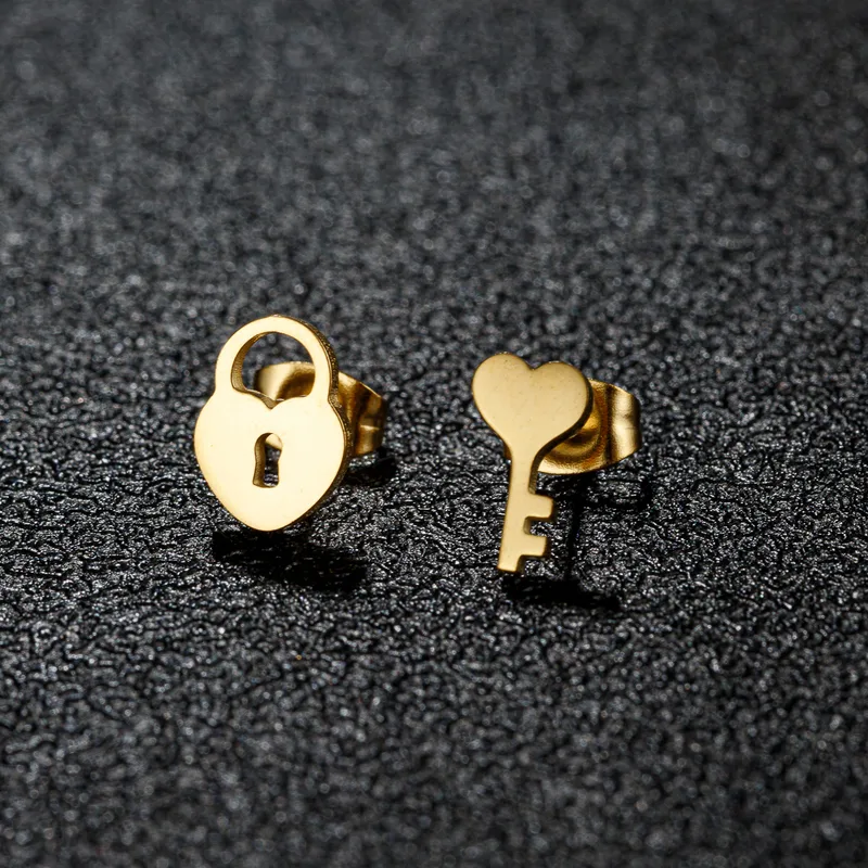 Lock and Key Small Asymmetric Studs 18K Stainless Steel Waterproof Tarnish Free