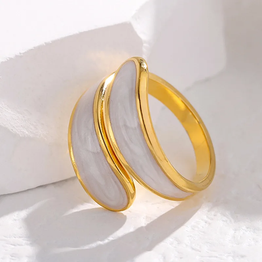 White Enamel Open Adjustable Ring 18K Gold Plated Stainless Steel