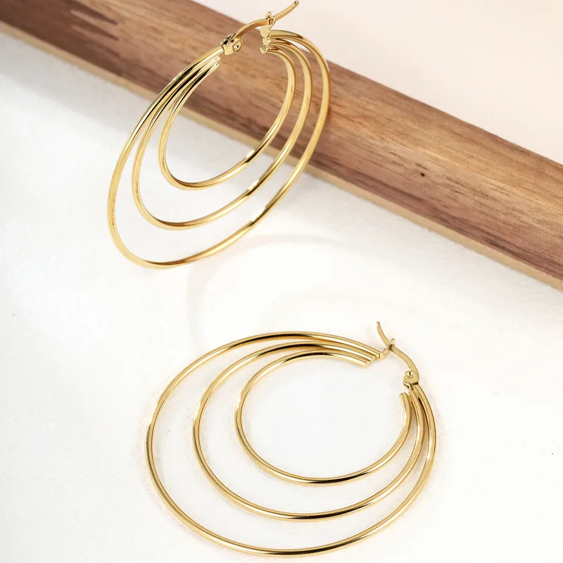Triple Layered Gold Hoop Earrings Stainless Steel Gold Plated Hypoallergenic Waterproof