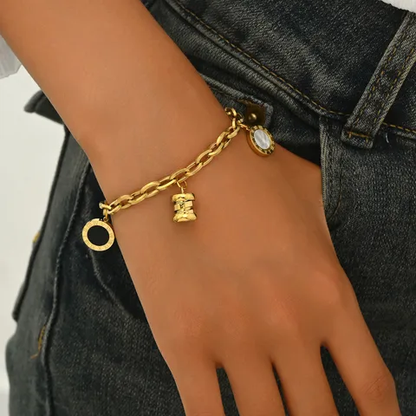 18K Gold Plated Roman Numeral Charm Bracelet Stainless Steel Waterproof Tarnish Free