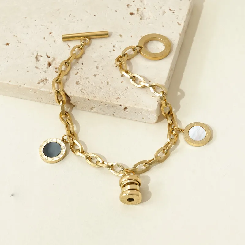 18K Gold Plated Roman Numeral Charm Bracelet Stainless Steel Waterproof Tarnish Free
