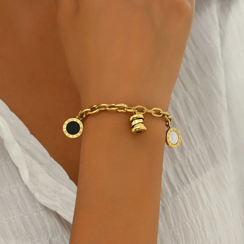 18K Gold Plated Roman Numeral Charm Bracelet Stainless Steel Waterproof Tarnish Free
