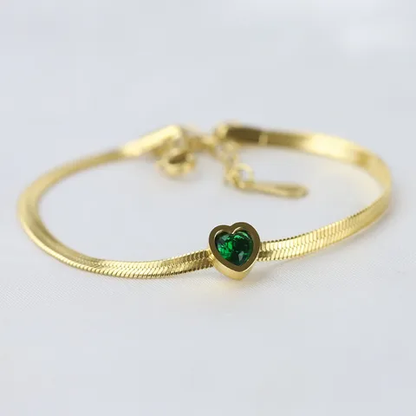 Beautiful Emerald Green Heart Flat  Chain Gold Plated Bracelet Stainless Steel Waterproof Tarnish Free