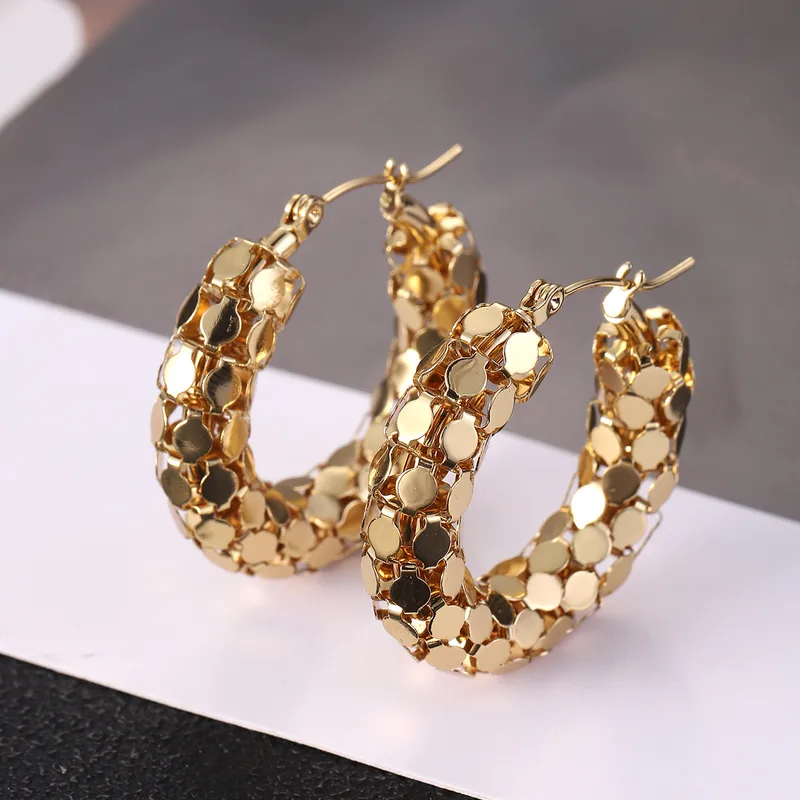 Chunky Mesh Gold Hoop Earrings Hypoallergenic Tarnish Free Waterproof