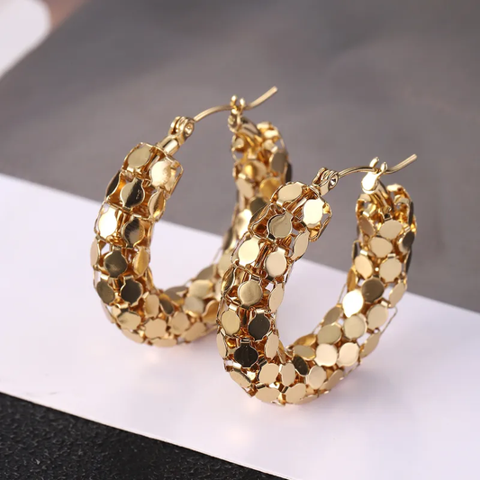 Chunky Mesh Gold Hoop Earrings Hypoallergenic Tarnish Free Waterproof