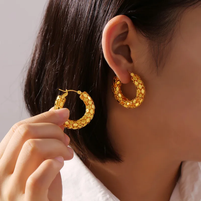 Chunky Mesh Gold Hoop Earrings Hypoallergenic Tarnish Free Waterproof