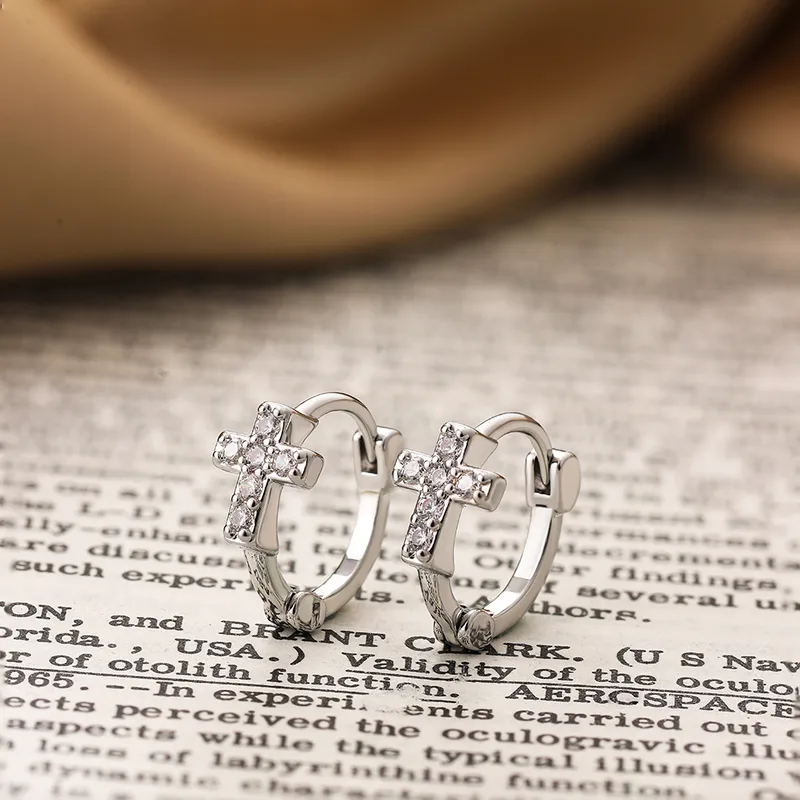 Cute Silver Huggie Hoop Earrings with Zircon Cross Stainless Steel  Hypoallergenic Waterproof