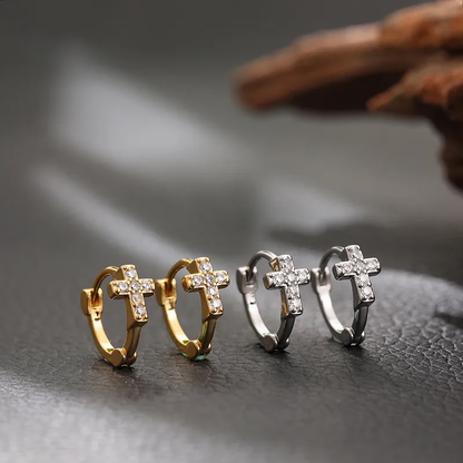 Cute Silver Huggie Hoop Earrings with Zircon Cross Stainless Steel  Hypoallergenic Waterproof