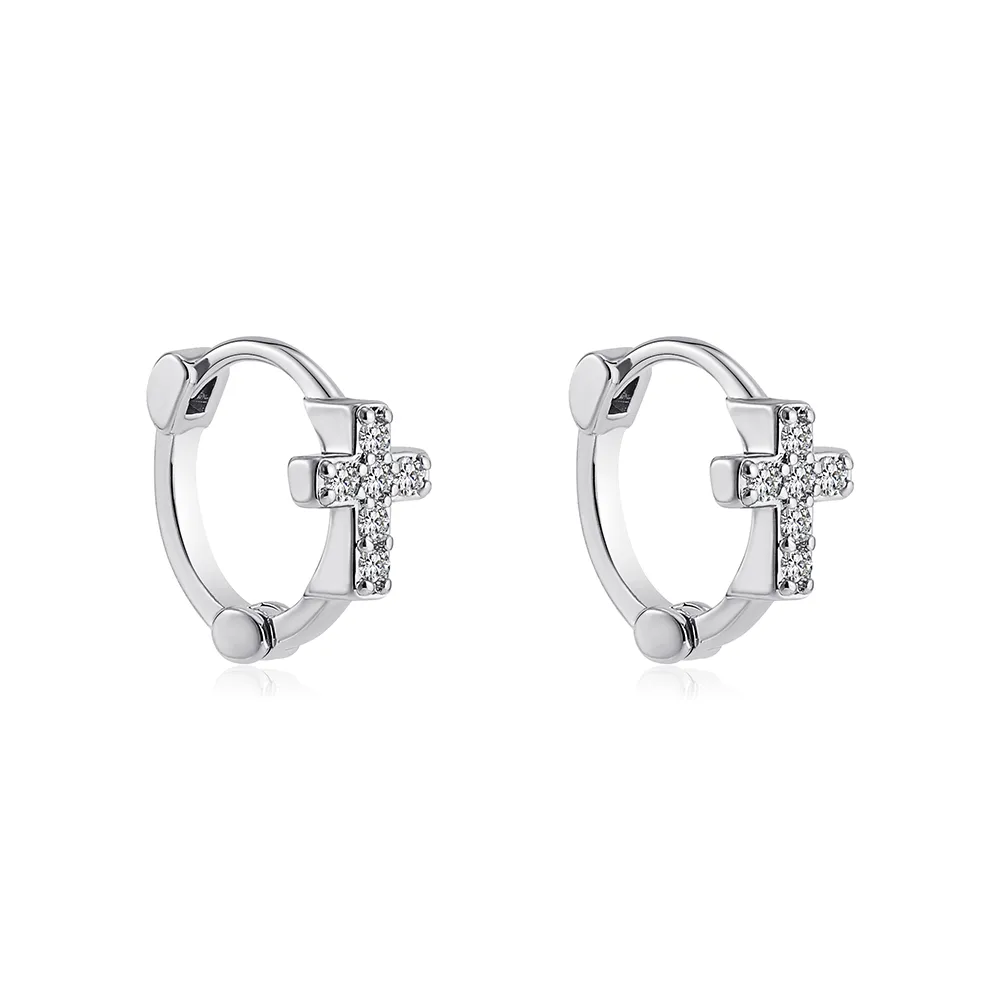 Cute Silver Huggie Hoop Earrings with Zircon Cross Stainless Steel  Hypoallergenic Waterproof