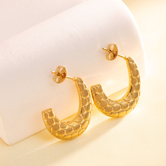 Gold Plated Open Engraved Hoop Earrings Hypoallergenic Waterproof Stainless Steel