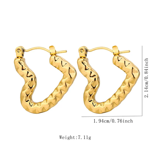 Textured Gold Plated Heart Hoop Earrings Stainless Steel Tarnish Free Waterproof Hypoallergenic