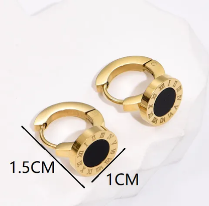 Roman Numeral Black Huggie Hoop Earring 18K Gold Plated Hypoallergenic