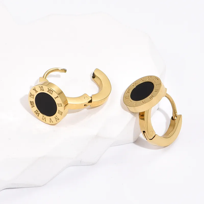 Roman Numeral Black Huggie Hoop Earring 18K Gold Plated Hypoallergenic