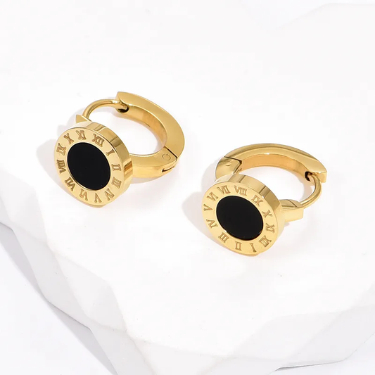 Roman Numeral Black Huggie Hoop Earring 18K Gold Plated Hypoallergenic