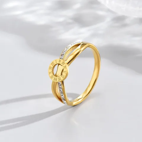 18K Gold Plated Roman Numeral Layered Zircon Ring Stainless Steel Hypoallergenic