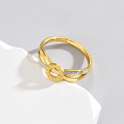 18K Gold Plated Roman Numeral Layered Zircon Ring Stainless Steel Hypoallergenic