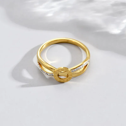 18K Gold Plated Roman Numeral Layered Zircon Ring Stainless Steel Hypoallergenic