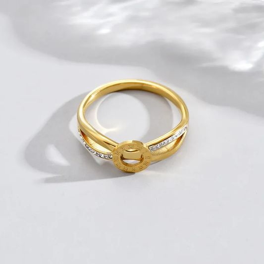 18K Gold Plated Roman Numeral Layered Zircon Ring Stainless Steel Hypoallergenic