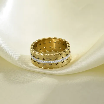 CZ Dual Band Leaves Ring 18K Gold Plated