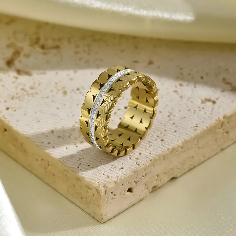 CZ Dual Band Leaves Ring 18K Gold Plated