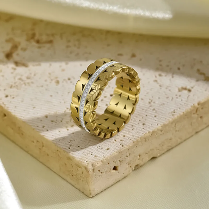 CZ Dual Band Leaves Ring 18K Gold Plated
