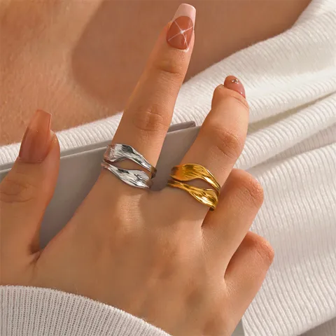 Silver Plated Abstract Layered Open Adjustable Ring Stainless Steel Tarnish Free Waterproof