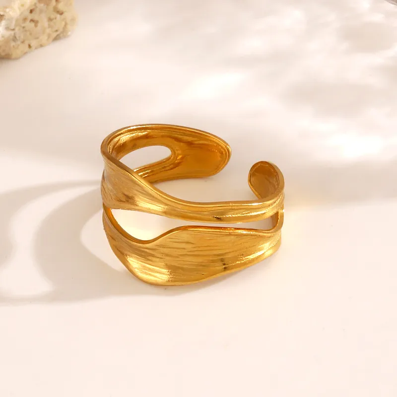 Gold Plated Abstract Layered Open Adjustable Ring Stainless Steel Waterproof