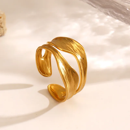 Gold Plated Abstract Layered Open Adjustable Ring Stainless Steel Waterproof
