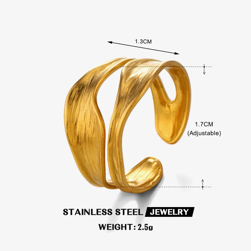Gold Plated Abstract Layered Open Adjustable Ring Stainless Steel Waterproof