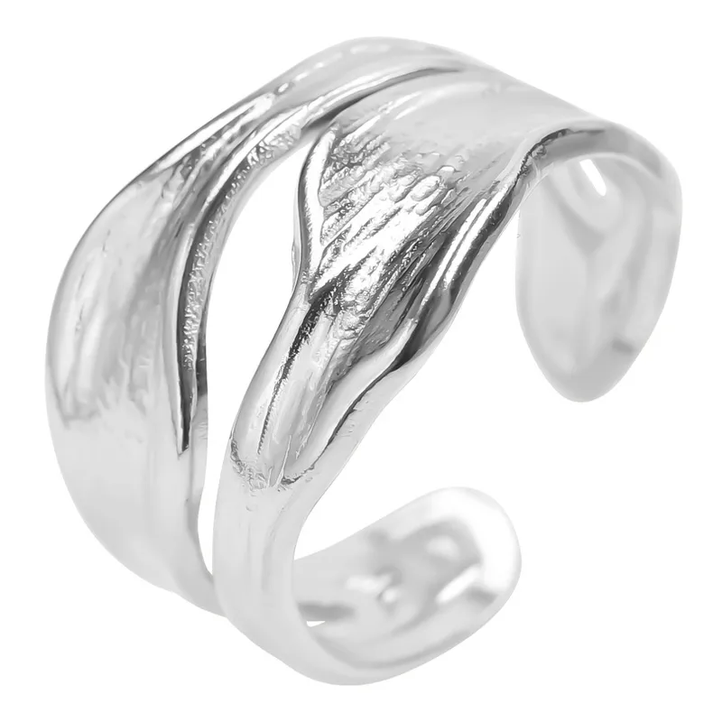 Silver Plated Abstract Layered Open Adjustable Ring Stainless Steel Tarnish Free Waterproof