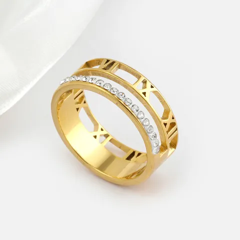 Hollow Roman Numeral Double Layered Band Ring with Zircon Stones Stainless Steel Tarnish Free