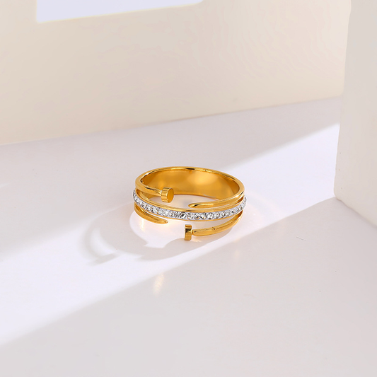18K Gold Plated Double Nail Diamanté Ring Zircon Stones Stainless Steel Tarnish Free Waterproof