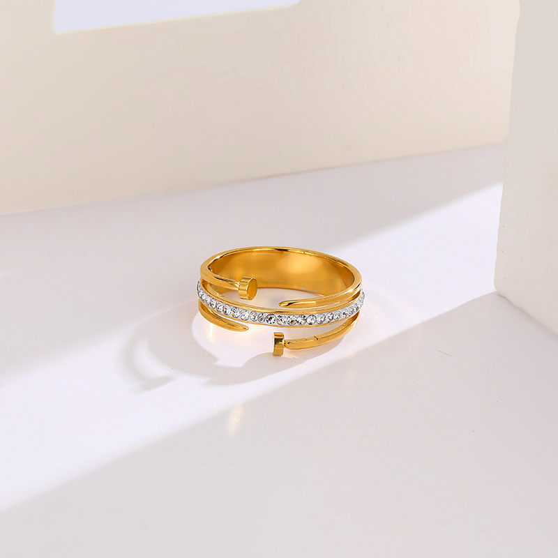 18K Gold Plated Double Nail Diamanté Ring Zircon Stones Stainless Steel Tarnish Free Waterproof