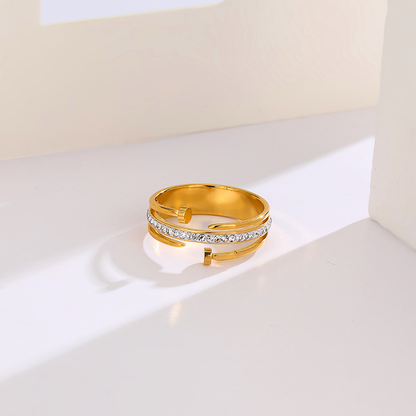 18K Gold Plated Double Nail Diamanté Ring Zircon Stones Stainless Steel Tarnish Free Waterproof