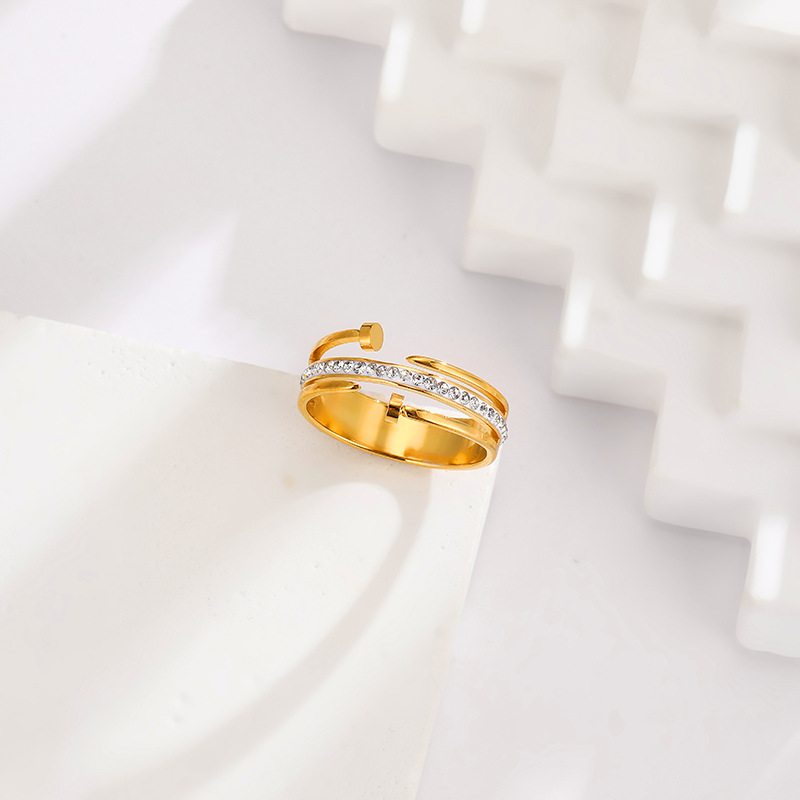 18K Gold Plated Double Nail Diamanté Ring Zircon Stones Stainless Steel Tarnish Free Waterproof