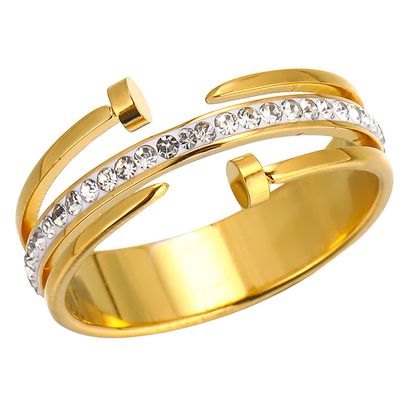 18K Gold Plated Double Nail Diamanté Ring Zircon Stones Stainless Steel Tarnish Free Waterproof