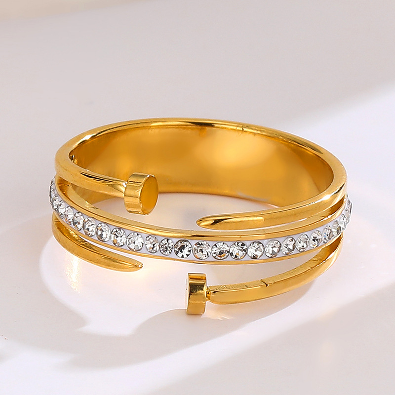 18K Gold Plated Double Nail Diamanté Ring Zircon Stones Stainless Steel Tarnish Free Waterproof