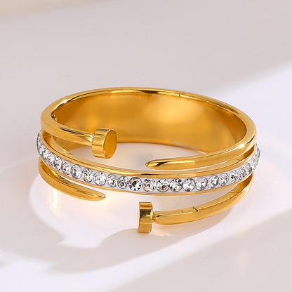 18K Gold Plated Double Nail Diamanté Ring Zircon Stones Stainless Steel Tarnish Free Waterproof