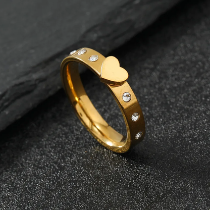 Heart Charm Zircon Band Ring 18K Gold Plated Stainless Steel Tarnish Free