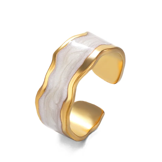 18K Gold Plated White Enamel Open Adjustable Band Ring Waterproof Stainless Steel