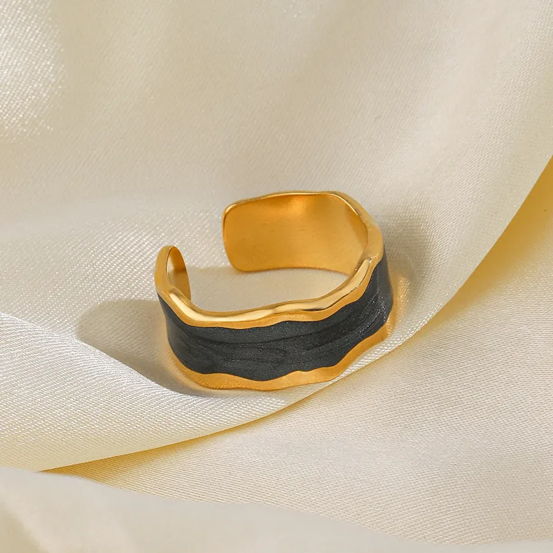 Black Enamel Open Adjustable Band Ring 18K Gold Plated Stainless Steel