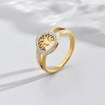 18K Gold Plated Life Tree Zircon Ring Stainless Steel Tarnish Free