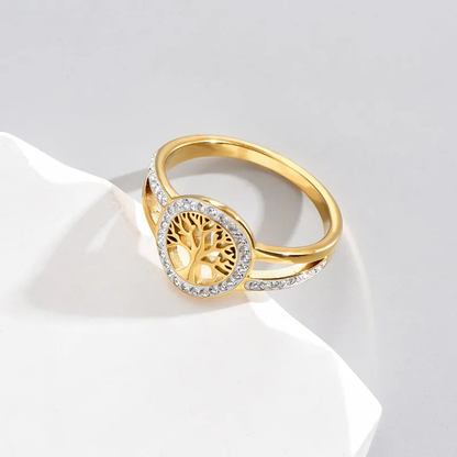 18K Gold Plated Life Tree Zircon Ring Stainless Steel Tarnish Free