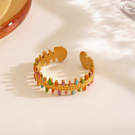 Colourful Enamel Open Adjustable Ring 18K Gold Plated Waterproof