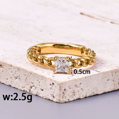 Chain Style Band Ring with Square Zircon Stone 18K Gold Plated Stainless Steel