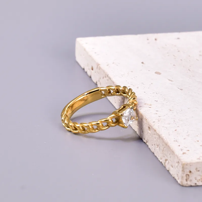 Chain Style Band Ring with Square Zircon Stone 18K Gold Plated Stainless Steel
