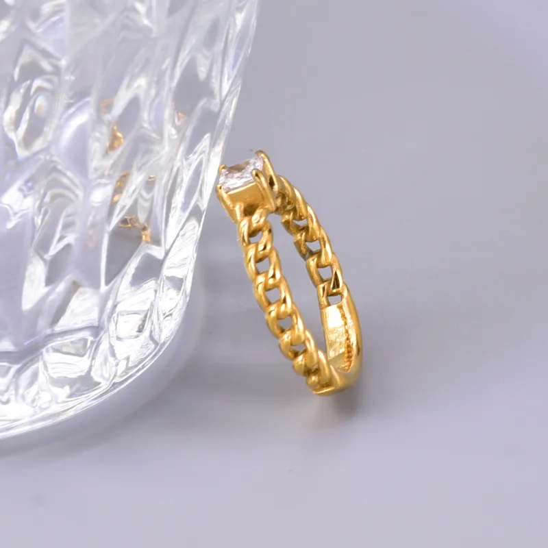 Chain Style Band Ring with Square Zircon Stone 18K Gold Plated Stainless Steel