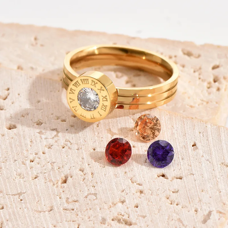 Change Stones Roman Numeral 18K Gold Plated Ring Stainless Steel